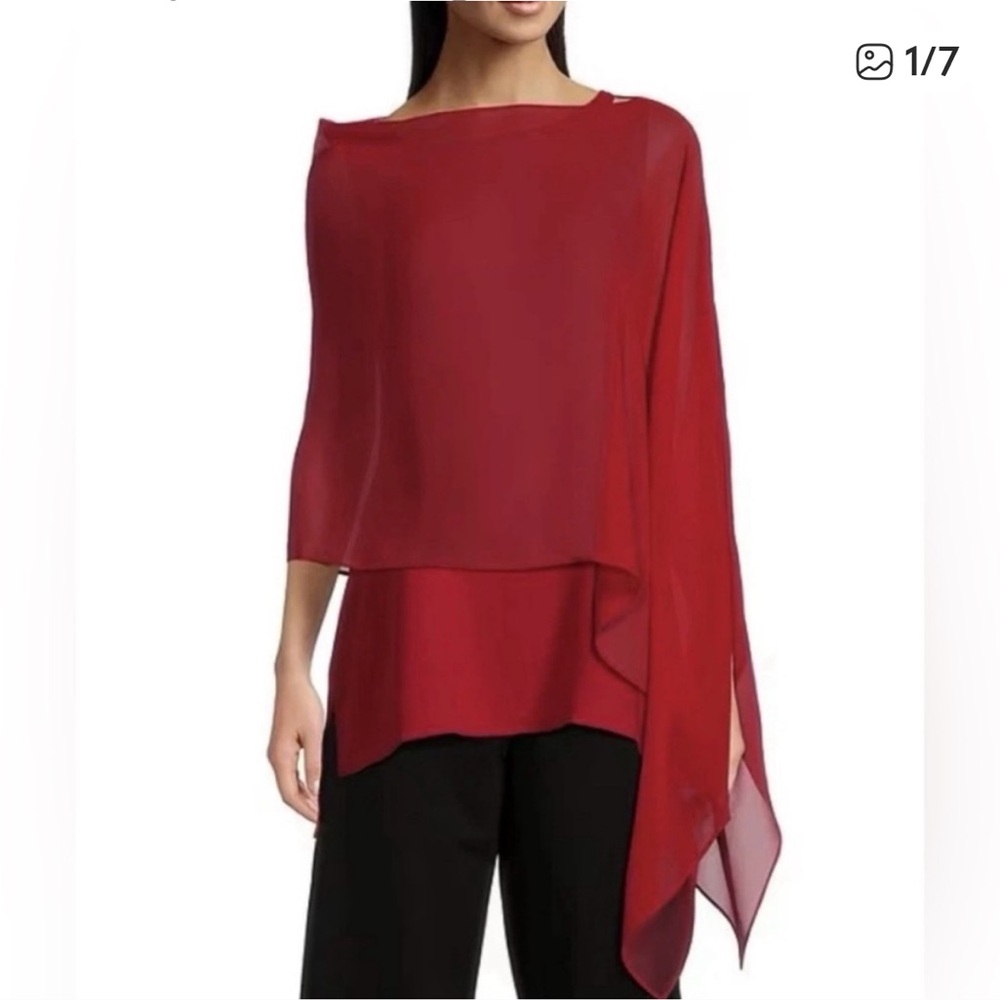 Eileen Fisher Red Draped Chiffon Layered Scarf Top